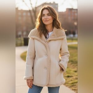 Vintage Jones NY Sport Faux Suede Leather Ivory Sherpa Shawl Collar Hood Coat